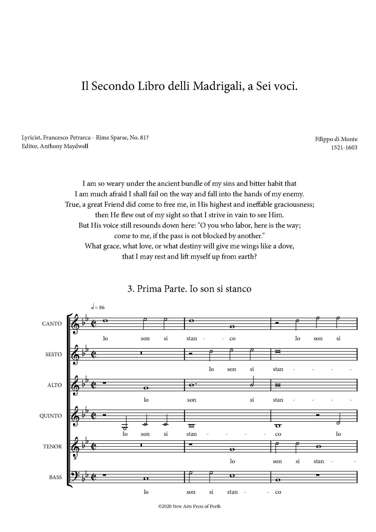 Io son si stanco sott’ il grave peso (Transposed down a major 2nd)