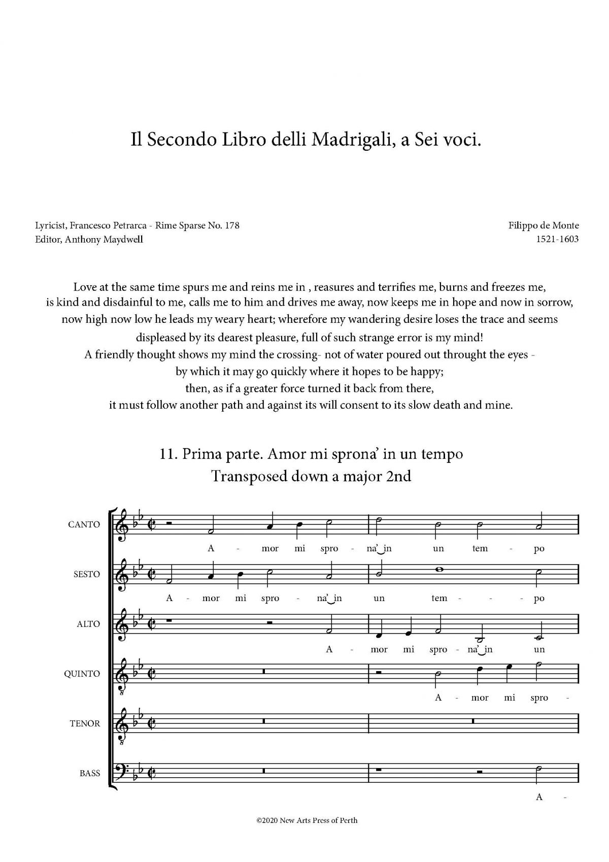 Amor mi spron’a in un tempo (Transposed down a major 2nd)