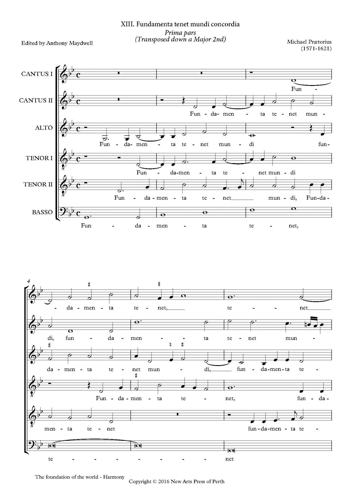 Fundamenta tenet mundi concordia (Transposed down a Major 2nd)