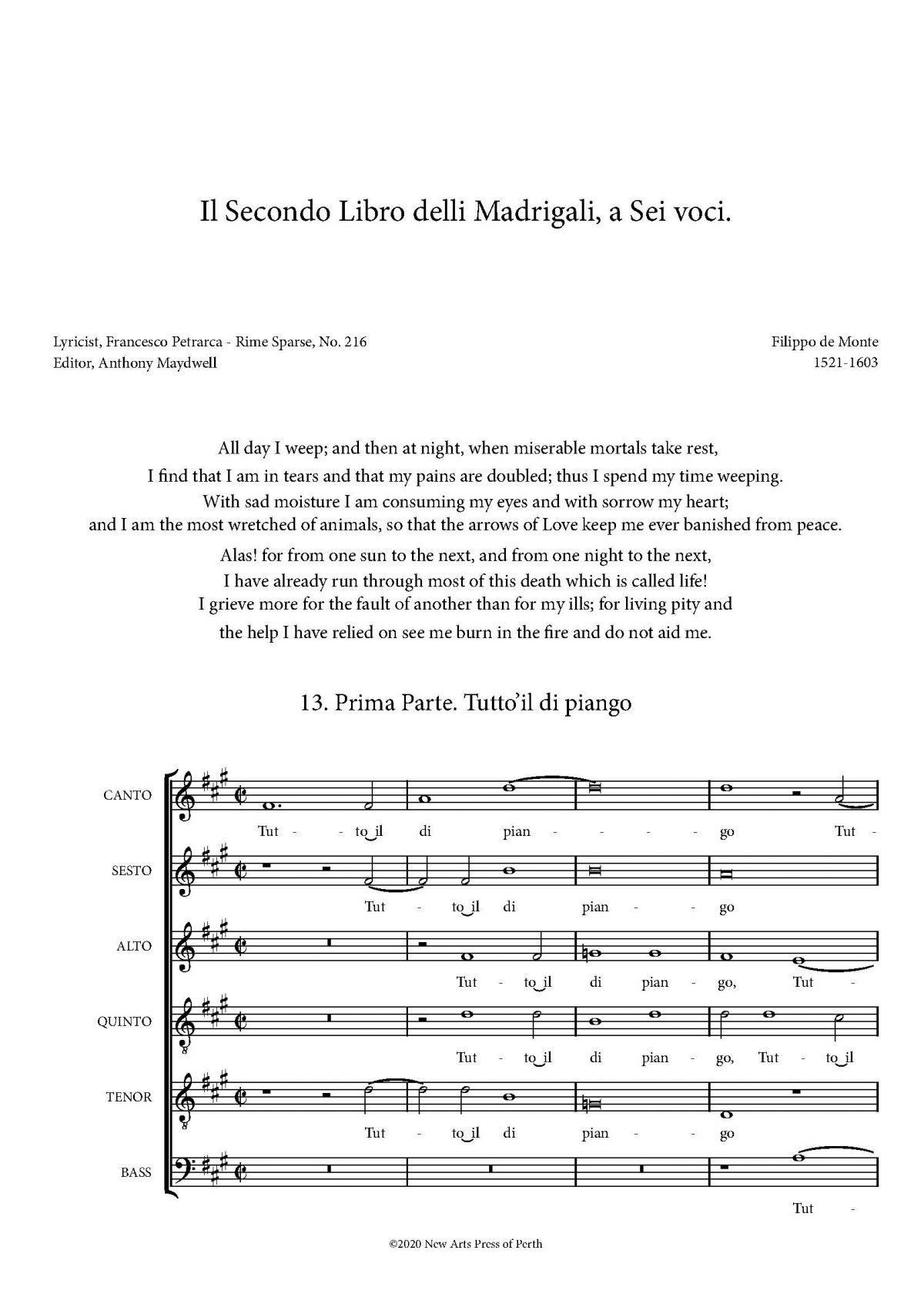 Tutto’il di piango (Transposed down a m3)