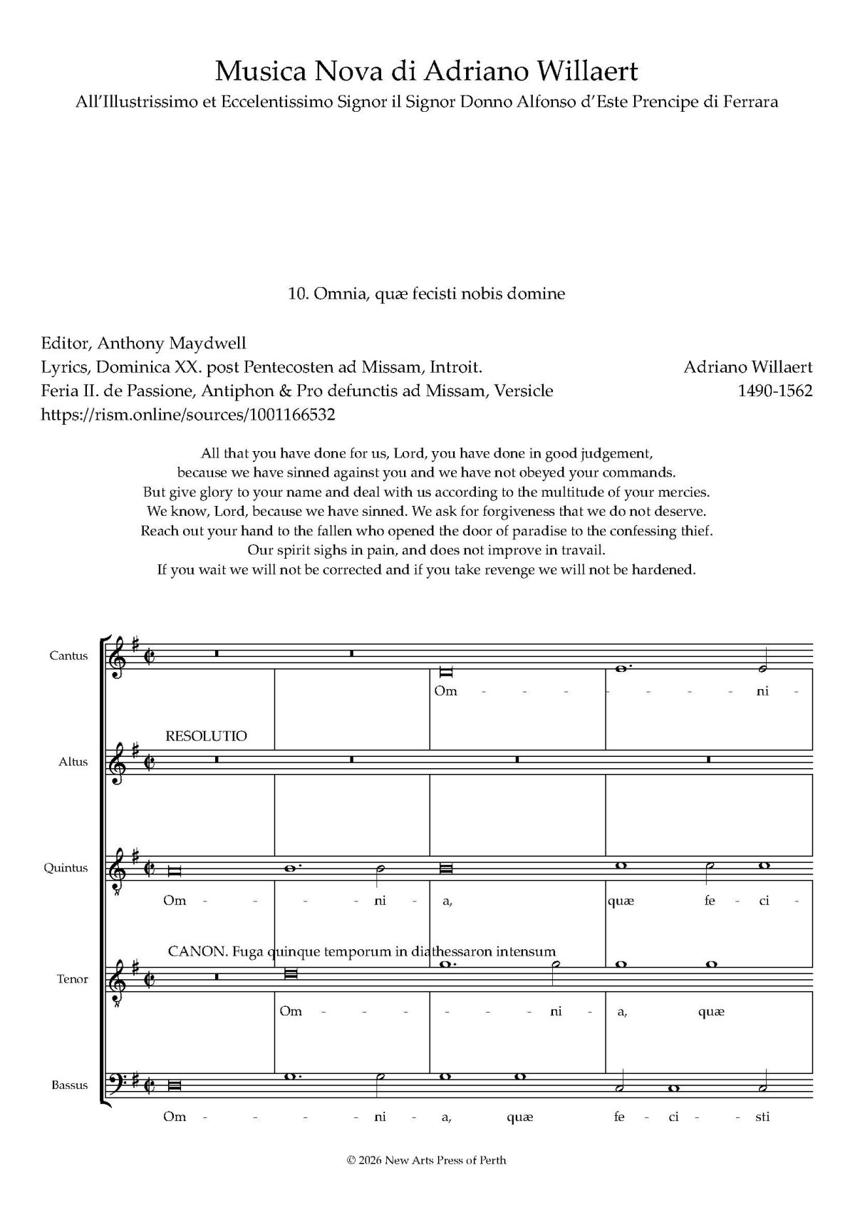 Omnia, quæ fecísti nobis domine Transposed up a 2nd