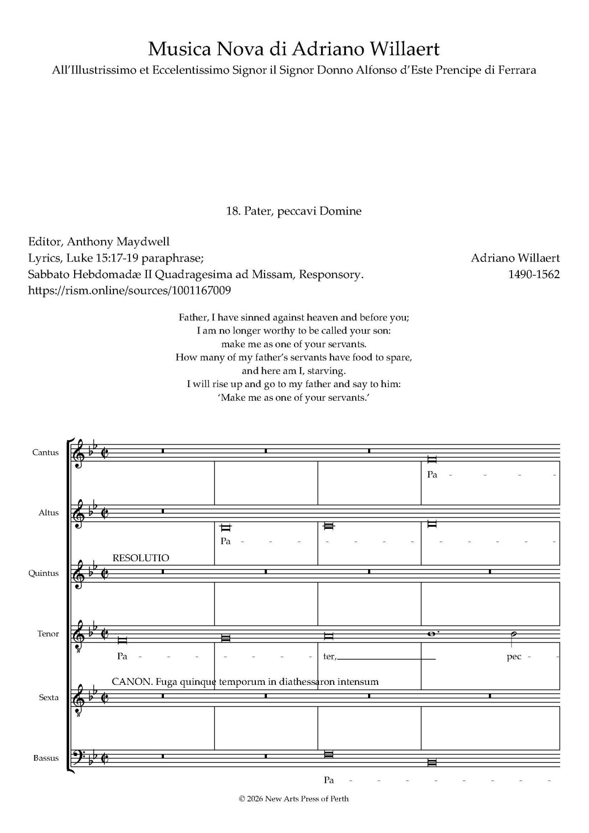 Pater, Peccavi Domine Transposed up a 2nd