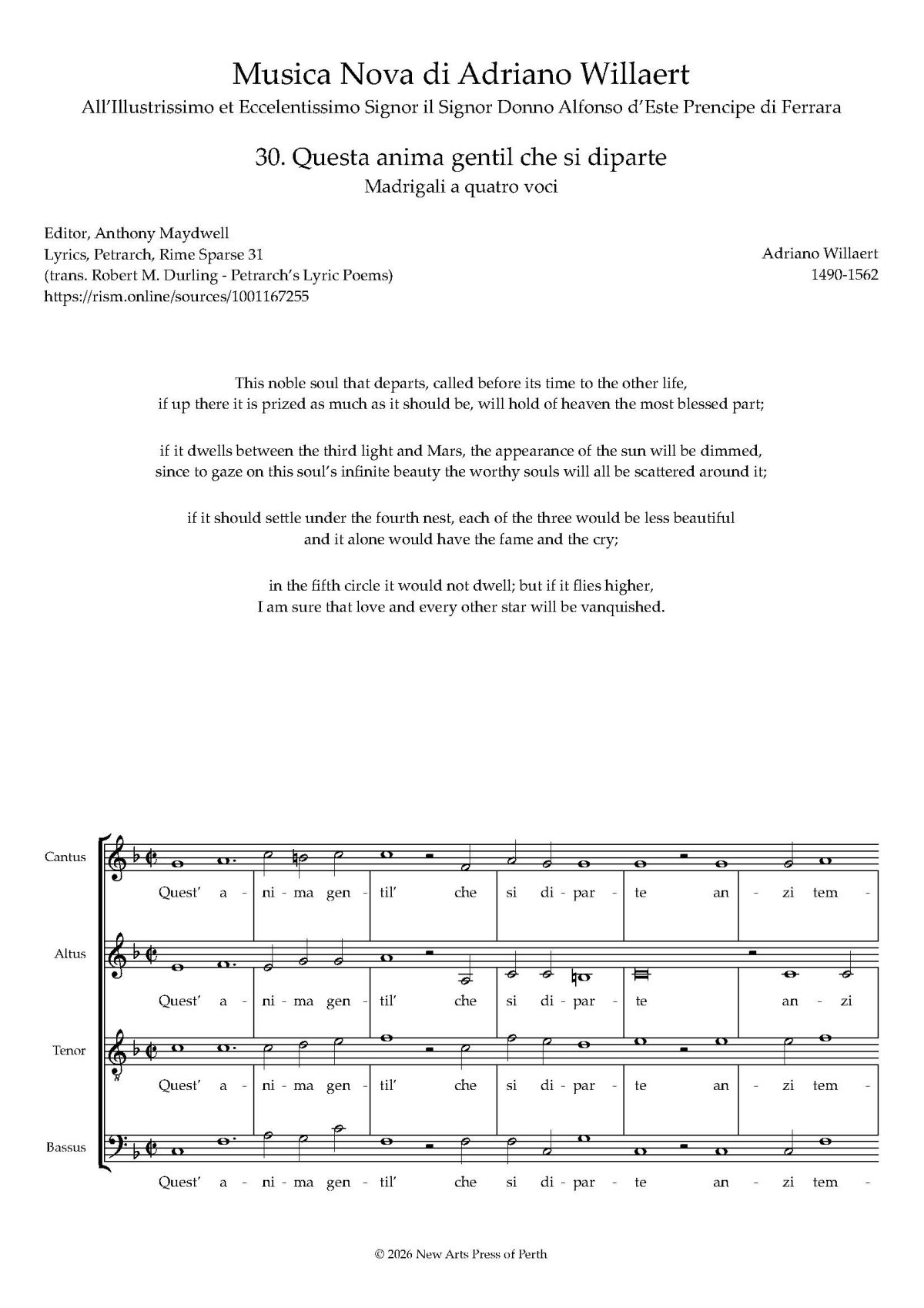 Questa anima gentil che si diparte transposed up a 4th