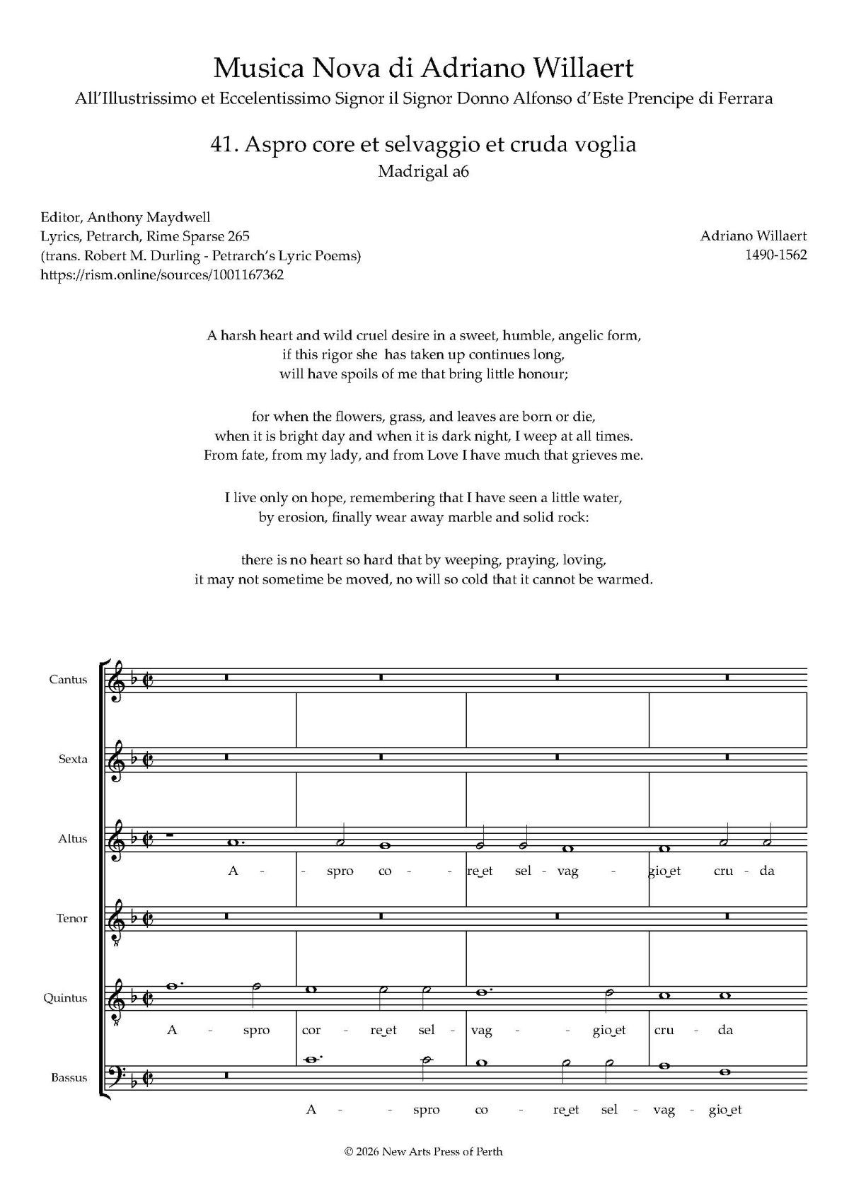 Aspro core et selvaggio et cruda voglia Transposed up a 4th