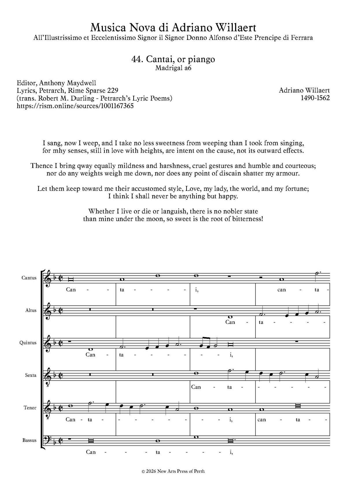 Cantai, or piango Transposed up a 4th