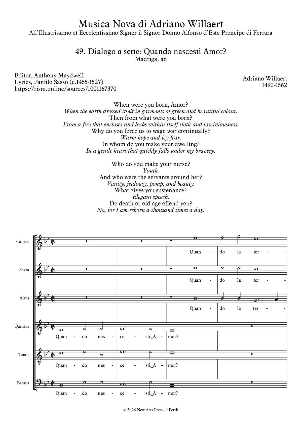 Quando nascesti Amor? Transposed up a 4th